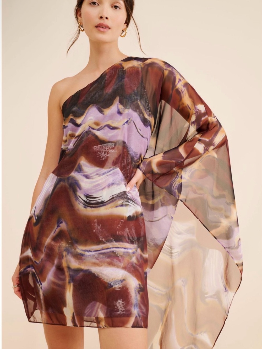 Halston One-Shoulder Abstract Print Mini Dress in Purple and Brown